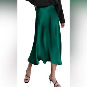 High Waisted Satin Midi Skirt - Green